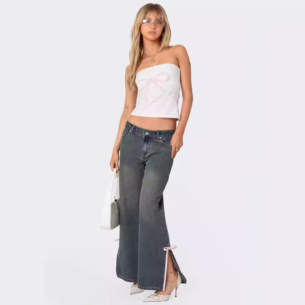 Damen Weit geschnittene Denim-Hose mit modischen Schnürdetails Sovae