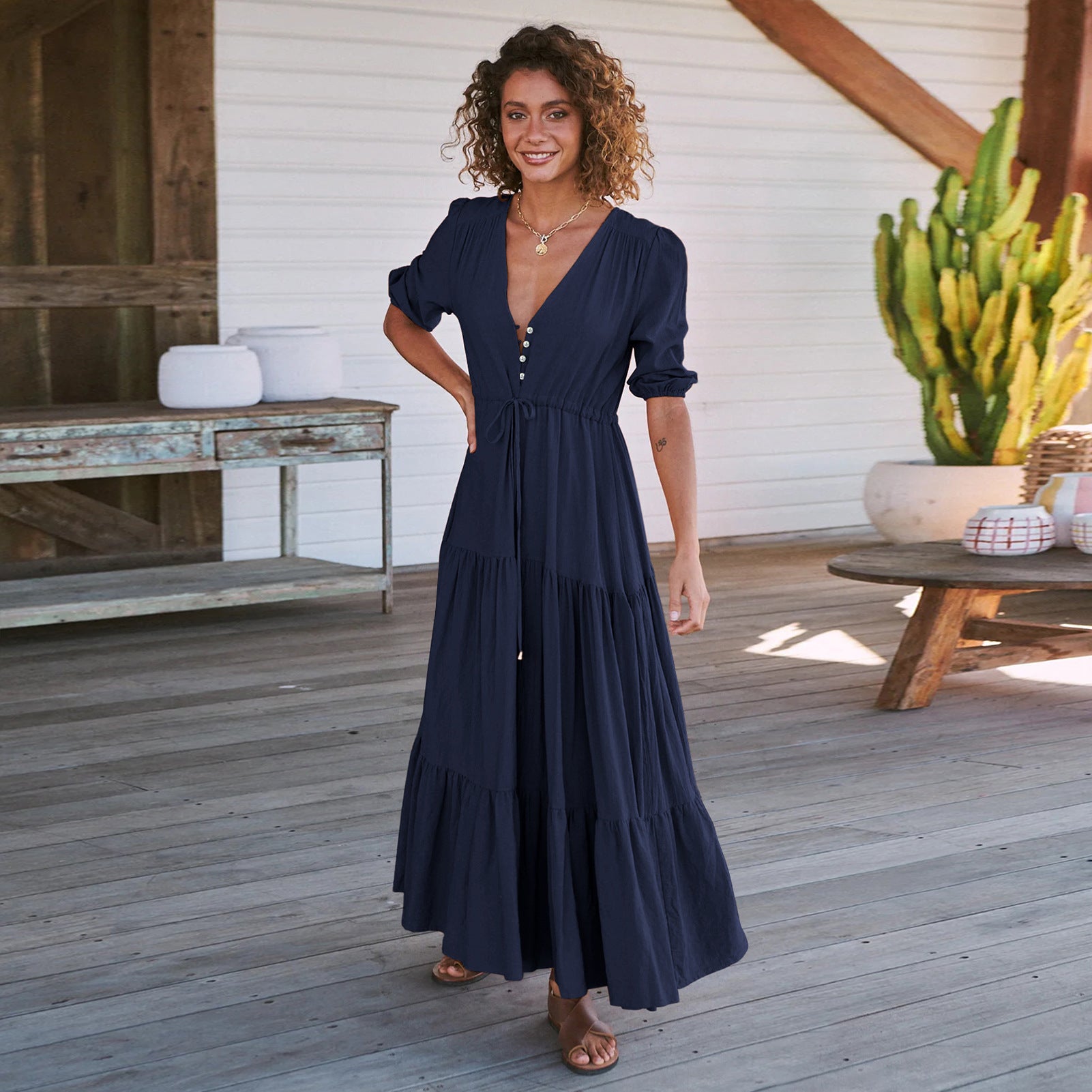 Damen Maxikleid mit zarten Puffärmeln und Taillenzug Sovae