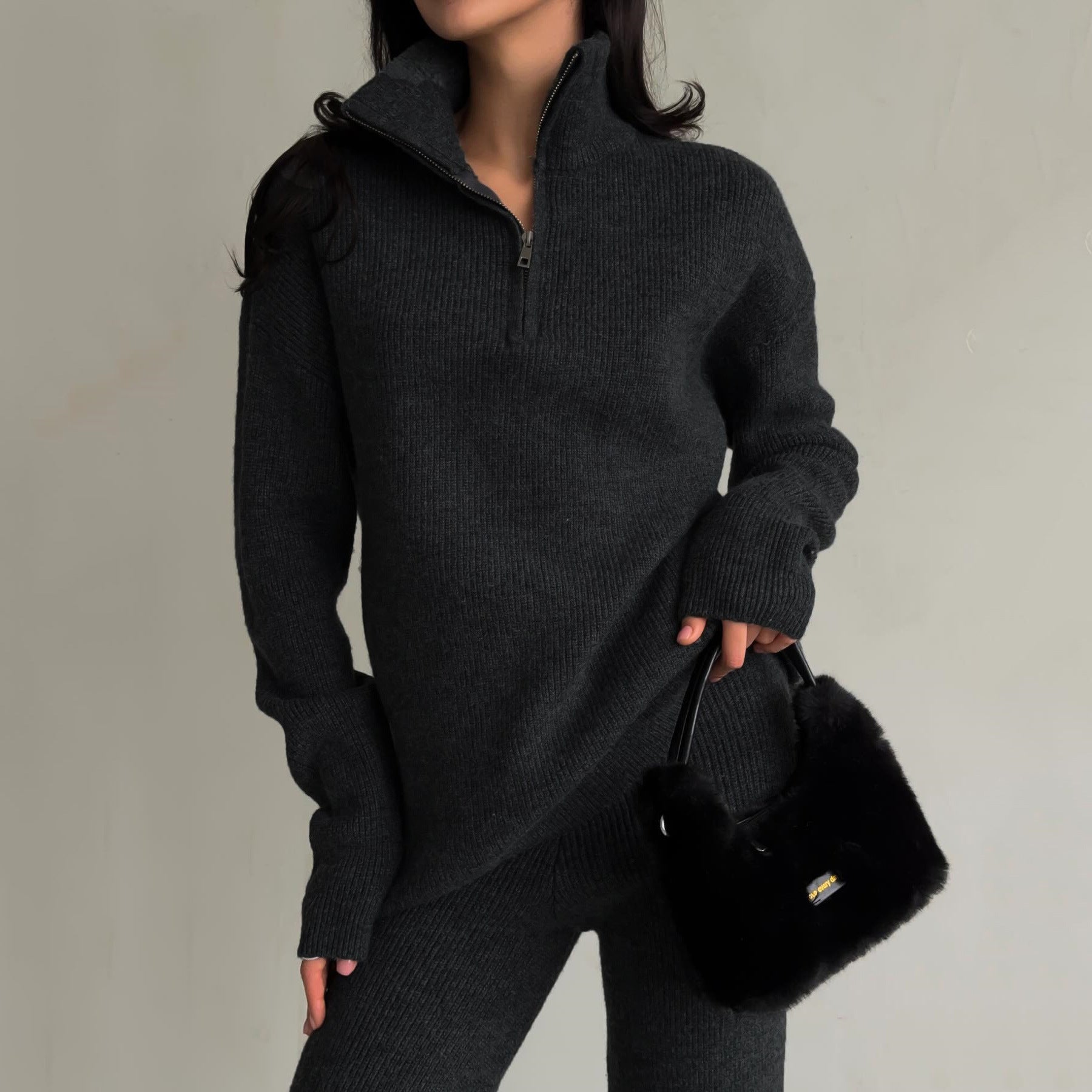 Damen Elegante und gemütliche Strickpullover mit halbem Reißverschluss Sovae