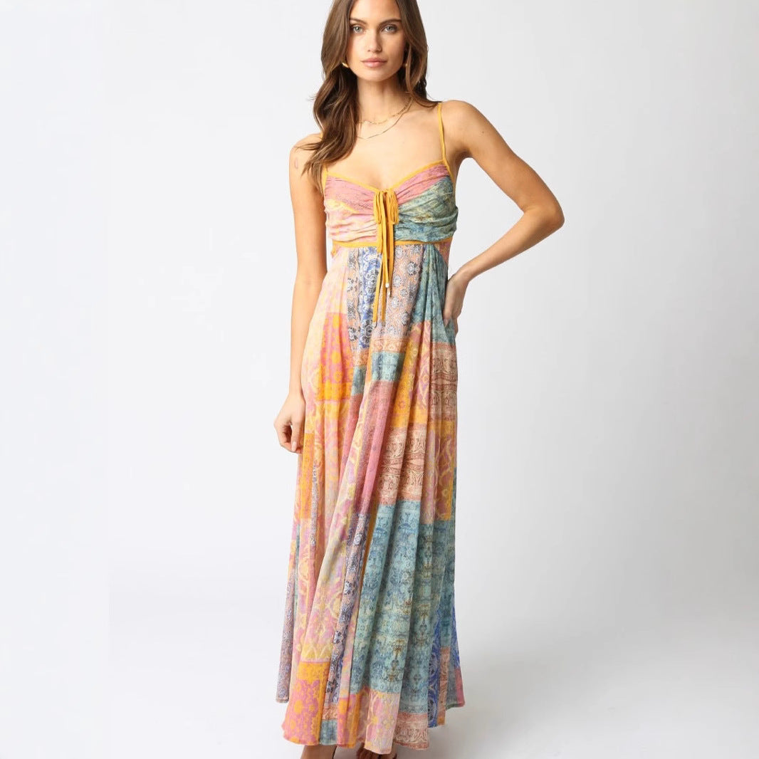 Damen Maxikleid mit verspieltem Patchwork-Muster und elegantem Taillenzug Sovae