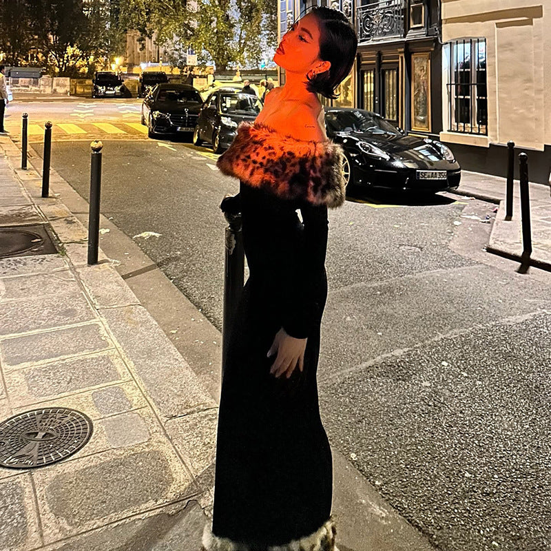 Damen Figurbetontes Maxikleid mit abnehmbaren Pelzbesätzen Sovae
