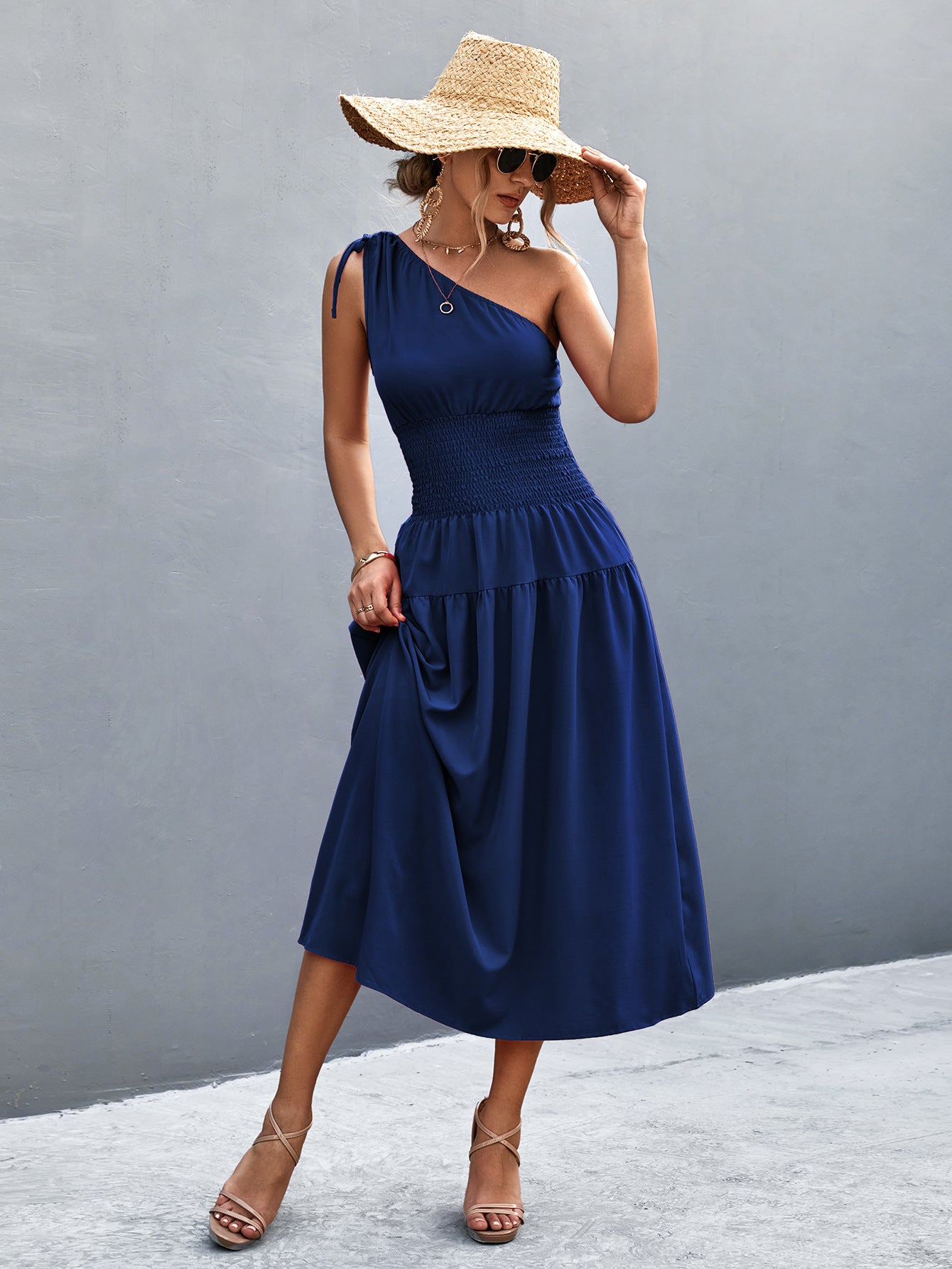 Damen Midikleid mit schnörkellosem Ein-Schulter-Design und elastischem Taillenband Sovae