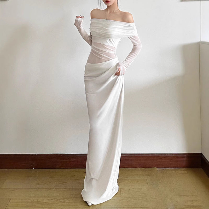 Damen elegantes Off-Shoulder Maxikleid mit raffinierten Rüschendetails Sovae