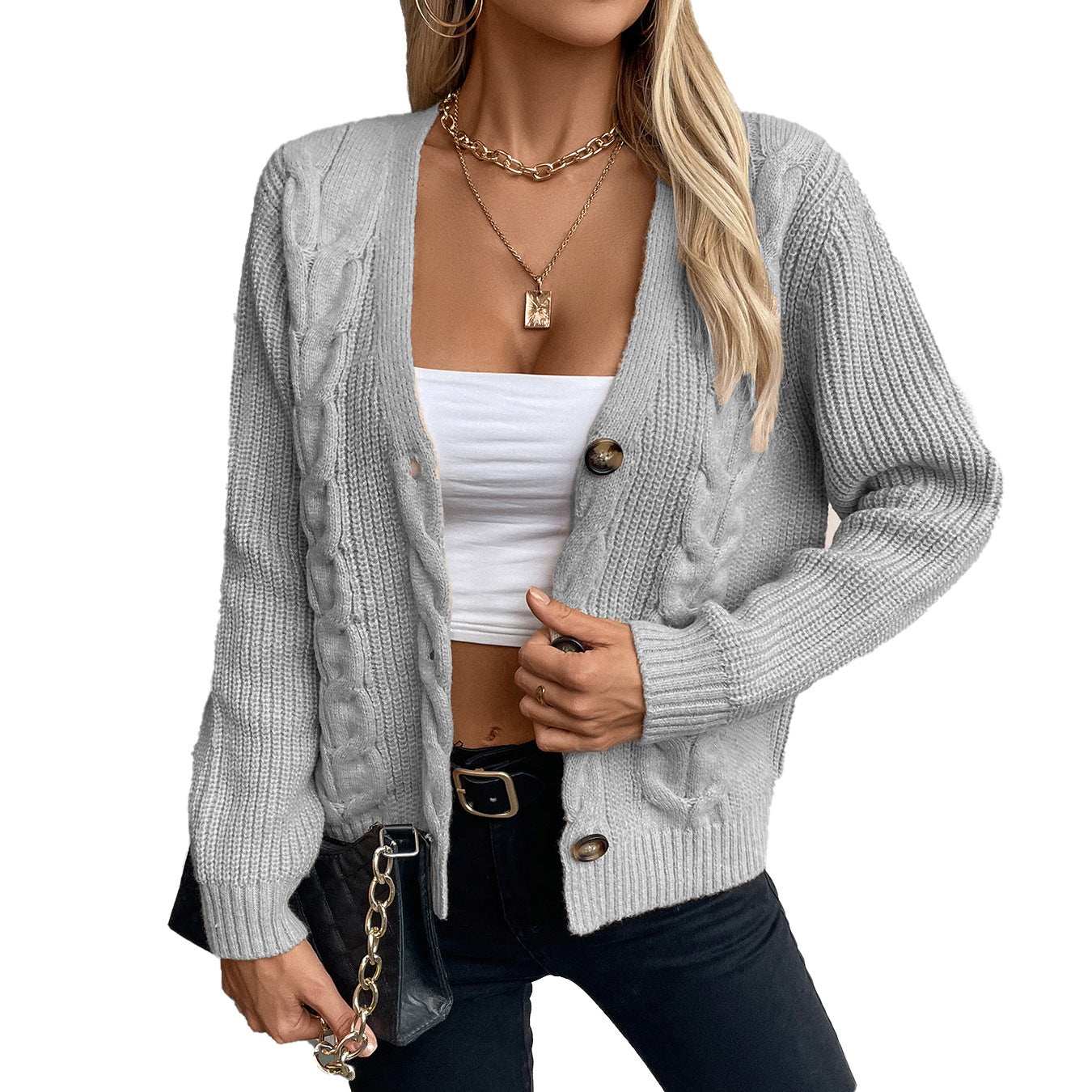 Damen Strickjacke mit Zopfmuster und Knopfdetails Sovae