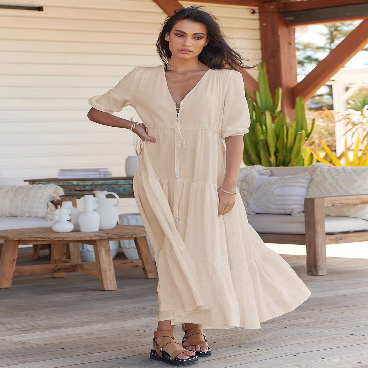Damen Maxikleid mit zarten Puffärmeln und Taillenzug Sovae
