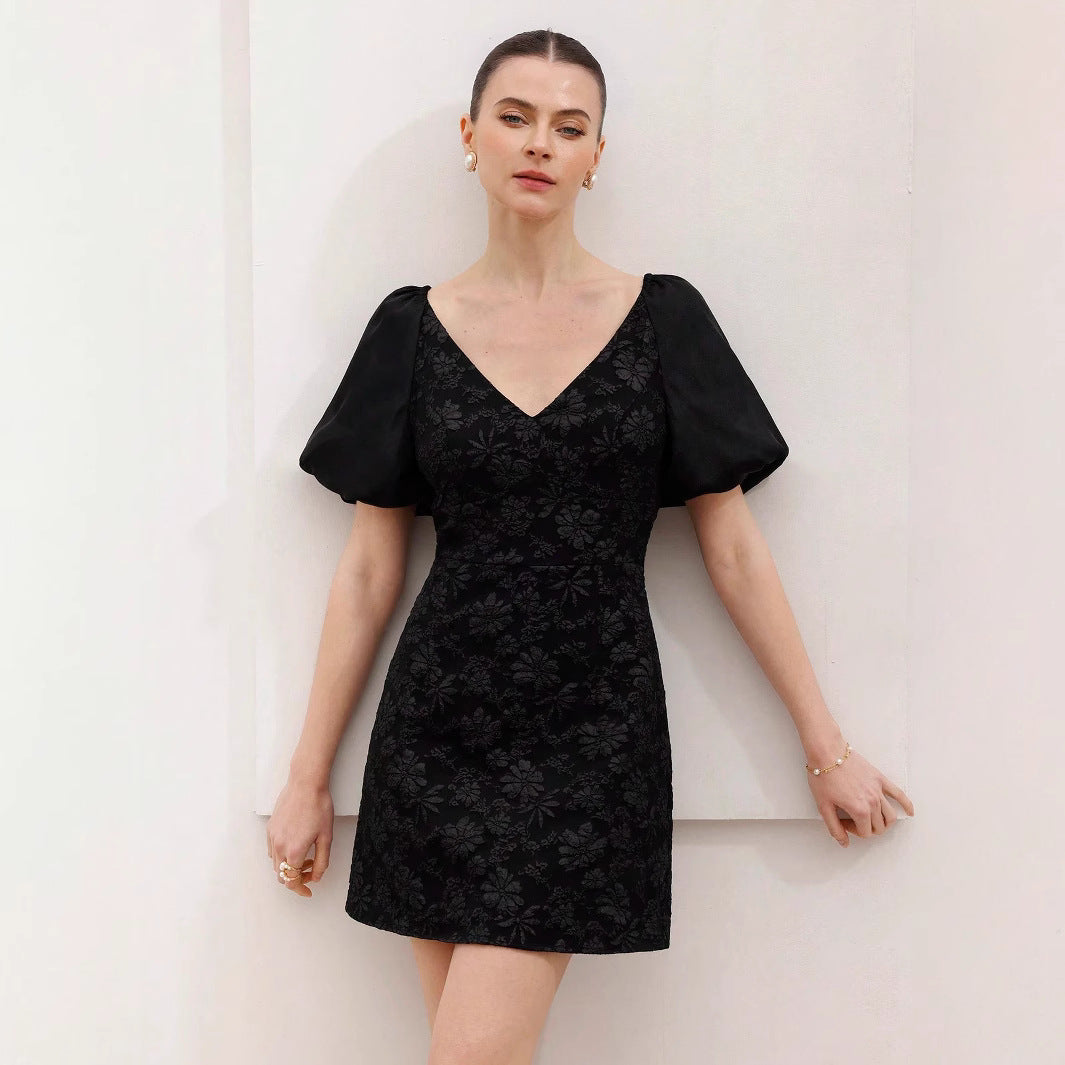 Damen Puffärmel Minikleid mit floralem Jacquard-Muster Sovae
