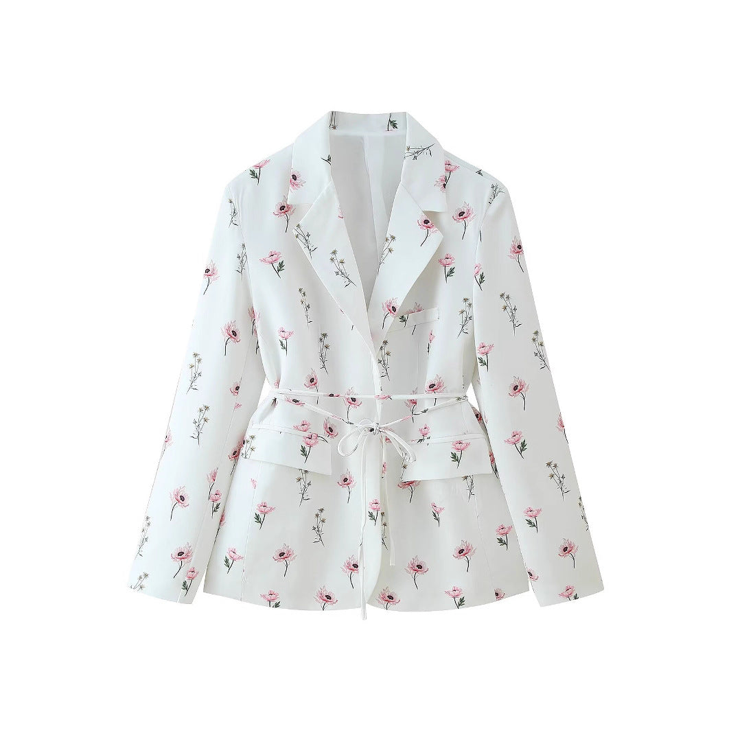 Damen stilvolle Blazerjacke mit floralem Design und tailliertem Gürtel Sovae