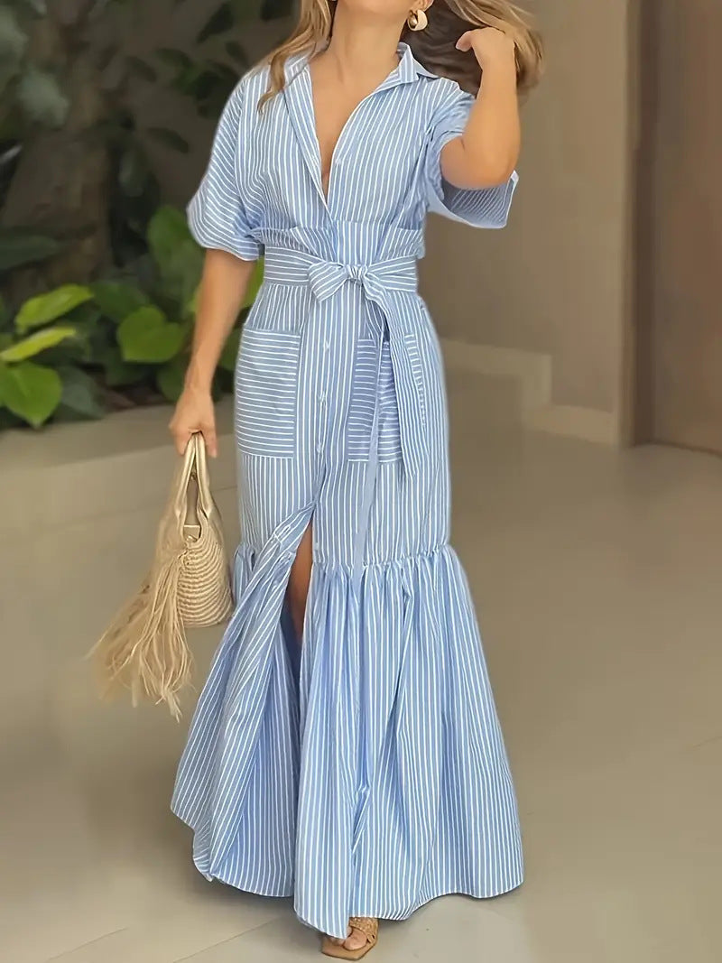 Damen Maxikleid mit Streifenmuster und Taillengürtel Sovae