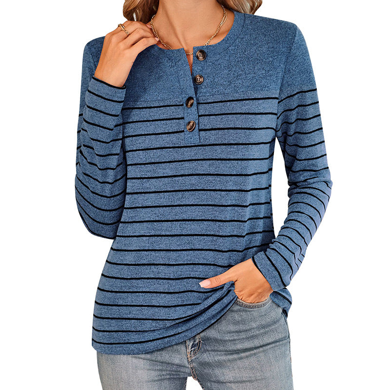 Damen Langarmshirt mit modischem Knopfverschluss und feinen Streifen Sovae
