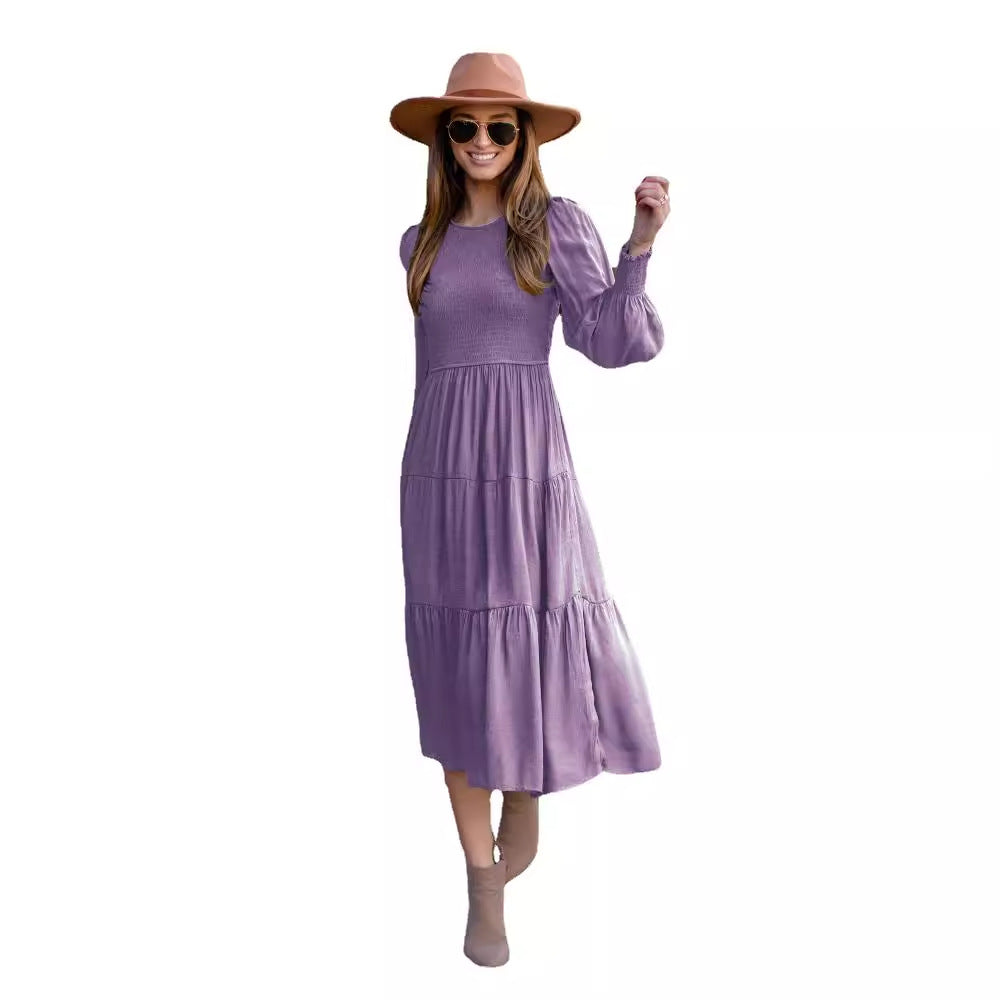 Damen Midi-Kleid mit Ballonärmeln und Rüschendetail Sovae