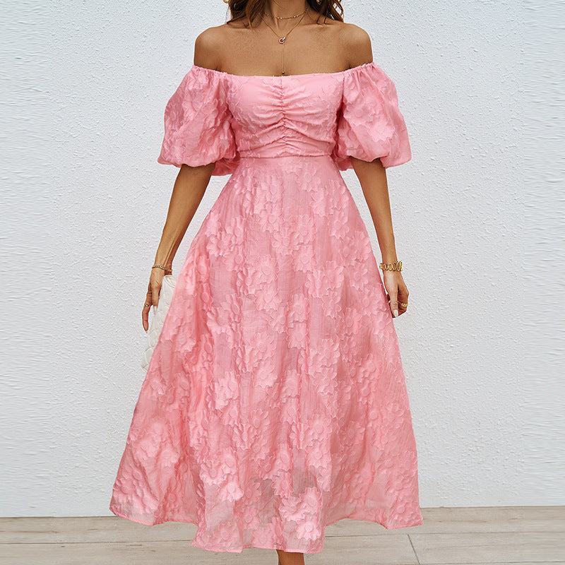 Damen elegantes Abendkleid mit Puffärmeln und floralen Stickereien Sovae
