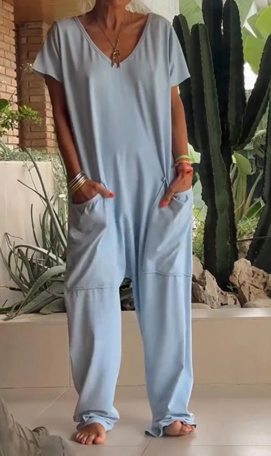Damen lässiger Jumpsuit mit tiefem V-Ausschnitt und praktischen Taschen Sovae