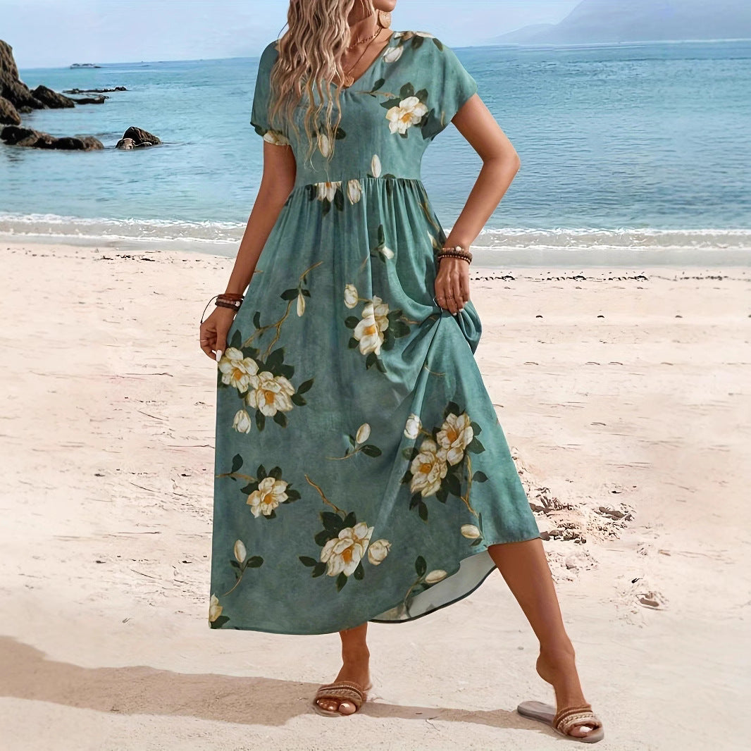 Damen Maxikleid mit floralem Design und elastischem Taillenband Sovae