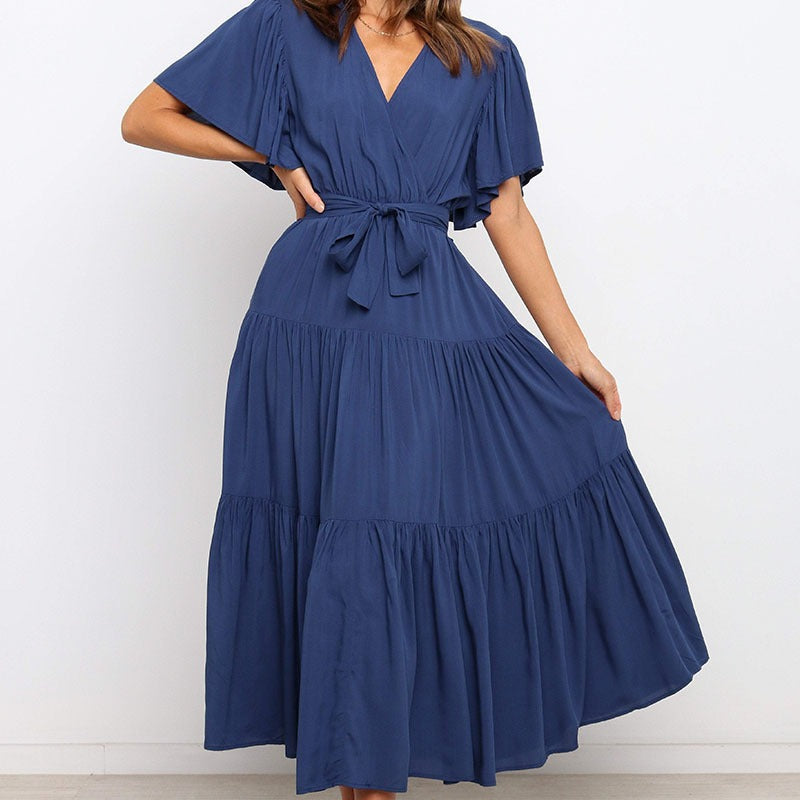 Damen Fließendes Maxi-Kleid mit Wickelbindung und Schmetterlingsärmeln Sovae