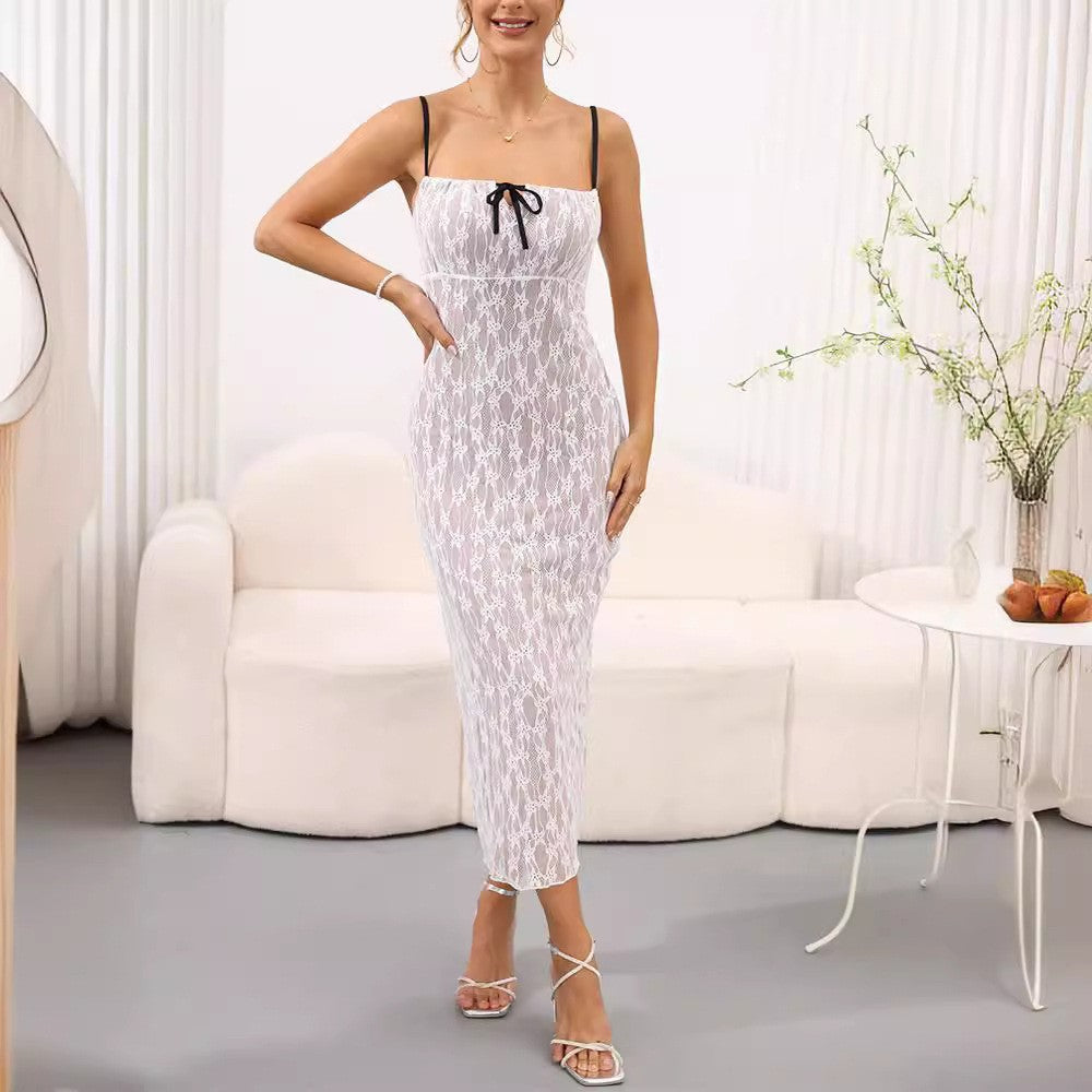 Damen Maxikleid aus zarter Spitze mit dekorativen Schnürdetails Sovae
