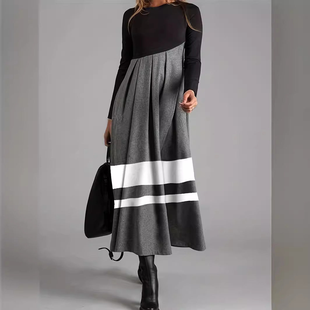 Damen elegantes Maxikleid mit Plissee und Kontraststreifen Sovae