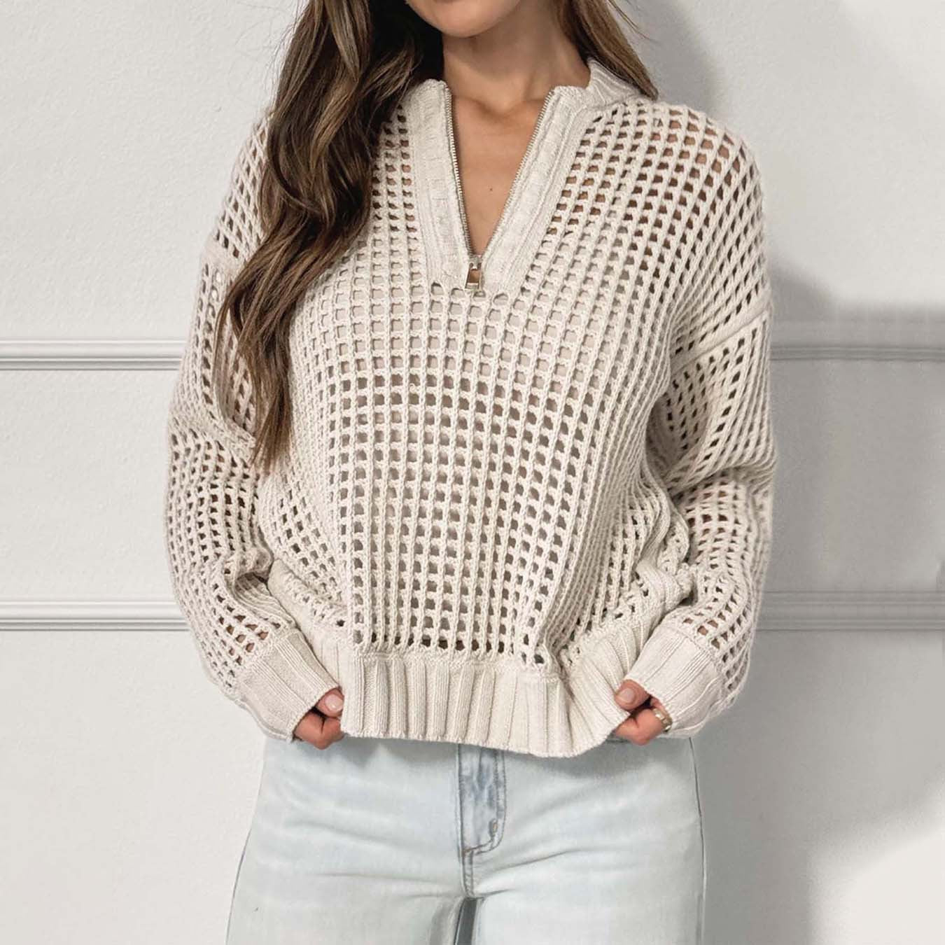 Damen lockerer Strickpullover mit Reißverschluss und luftiger Maschenstruktur Sovae