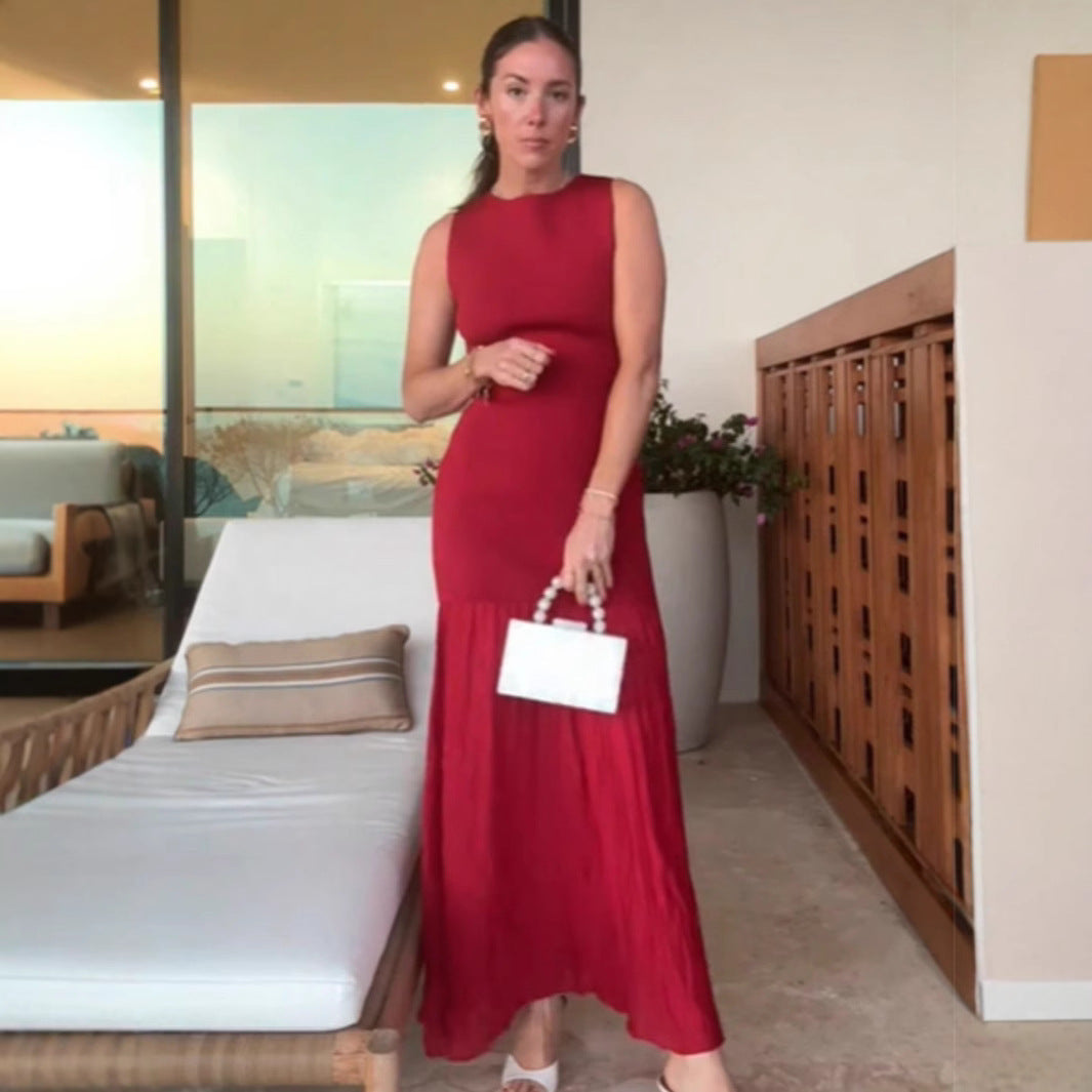 Damen ärmelloses Maxikleid mit elegantem Rüschensaum Sovae