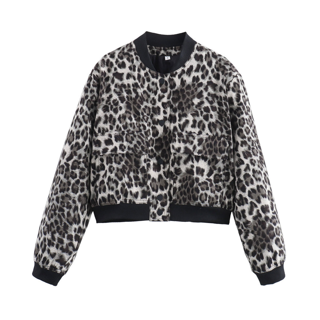 Damen modische cropped Jacke mit animalischem Muster und praktischen Taschen Sovae