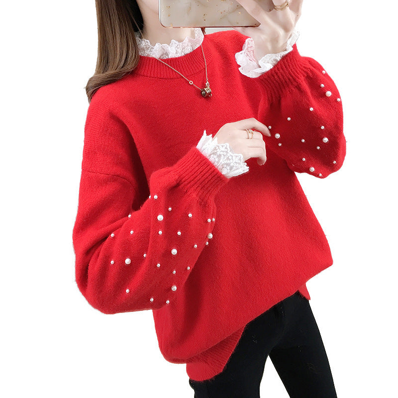 Damen trendiger Strickpullover mit Perlendetails und voluminösen Ärmeln Sovae