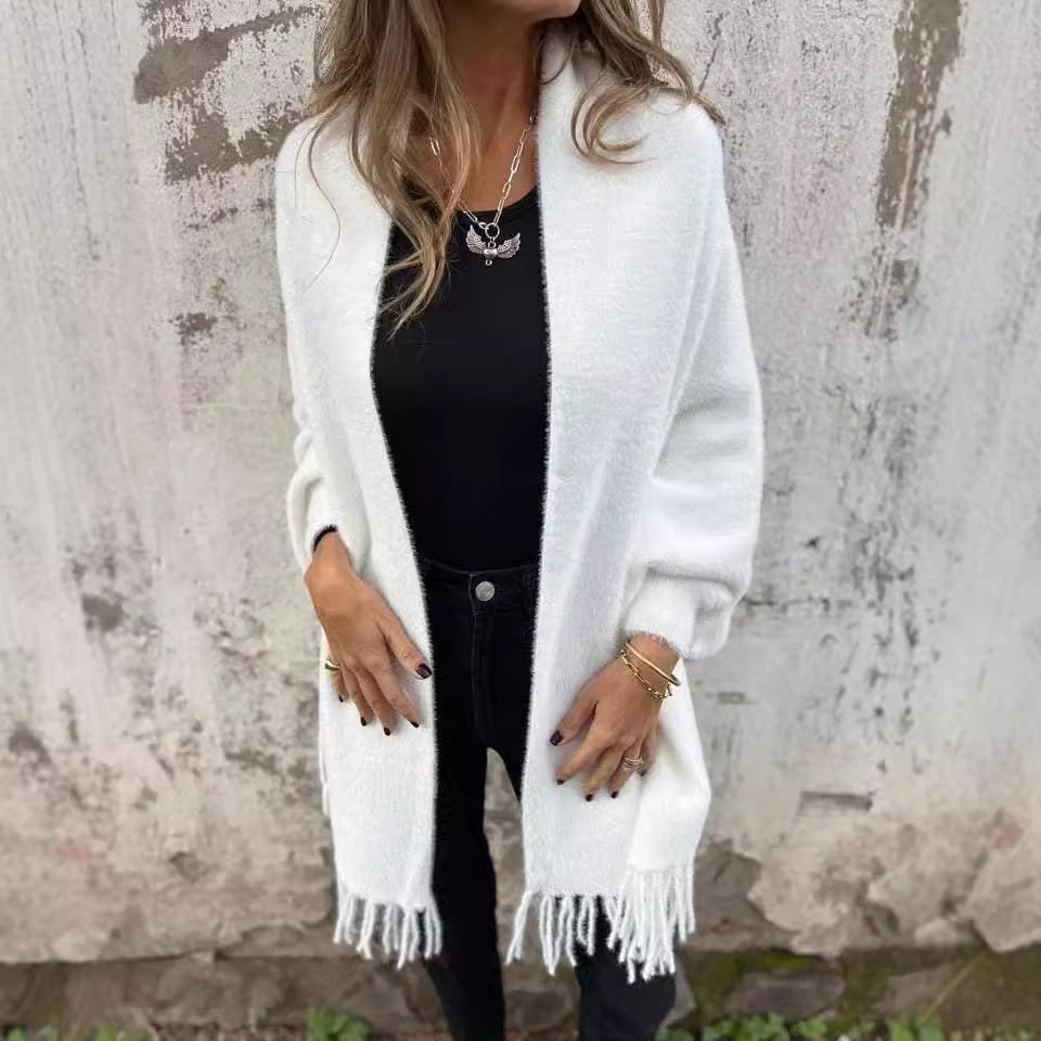 Damen Kuschelige Strickjacke mit Fransen Sovae