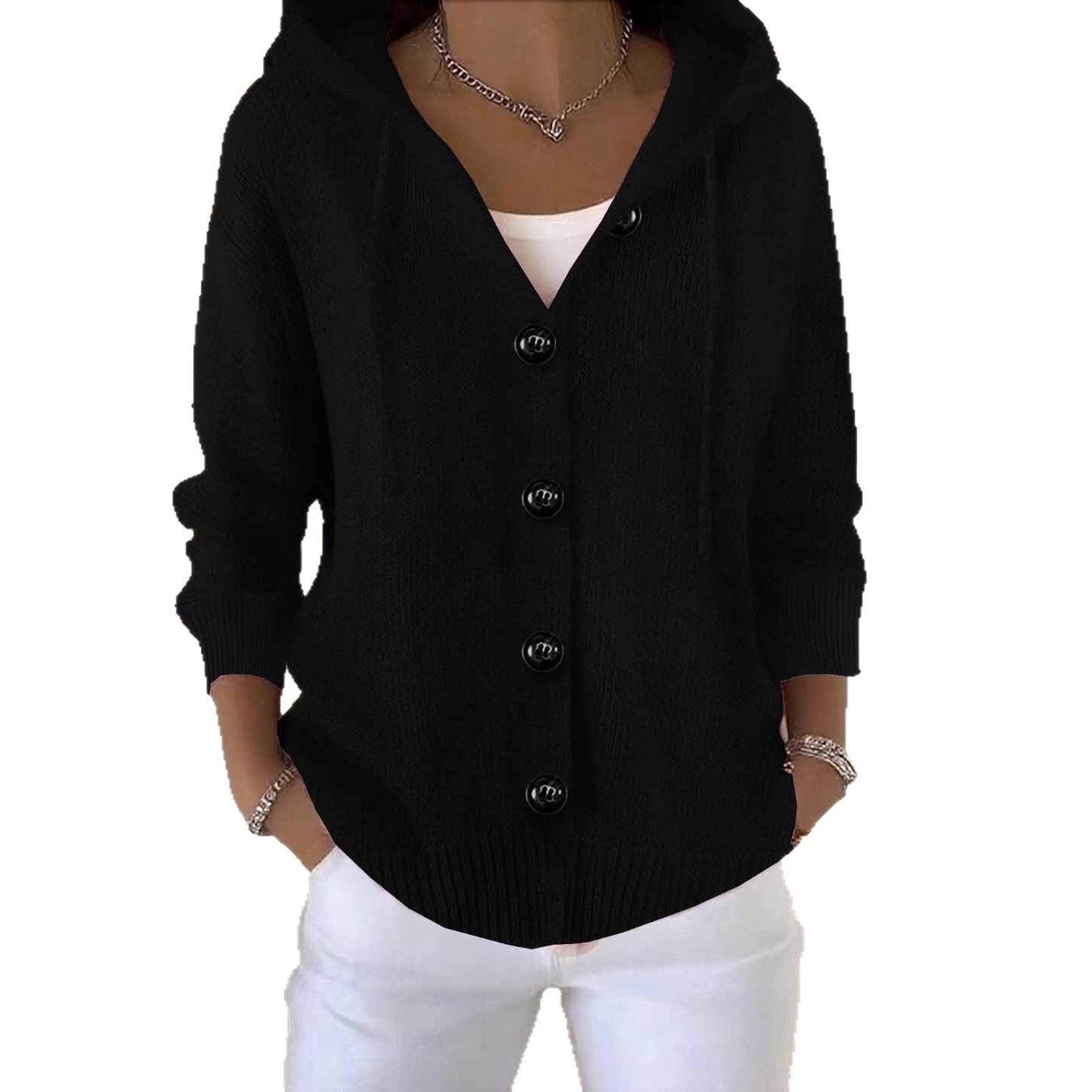Damen lässige Strickjacke mit Kapuze und großen Knöpfen Sovae