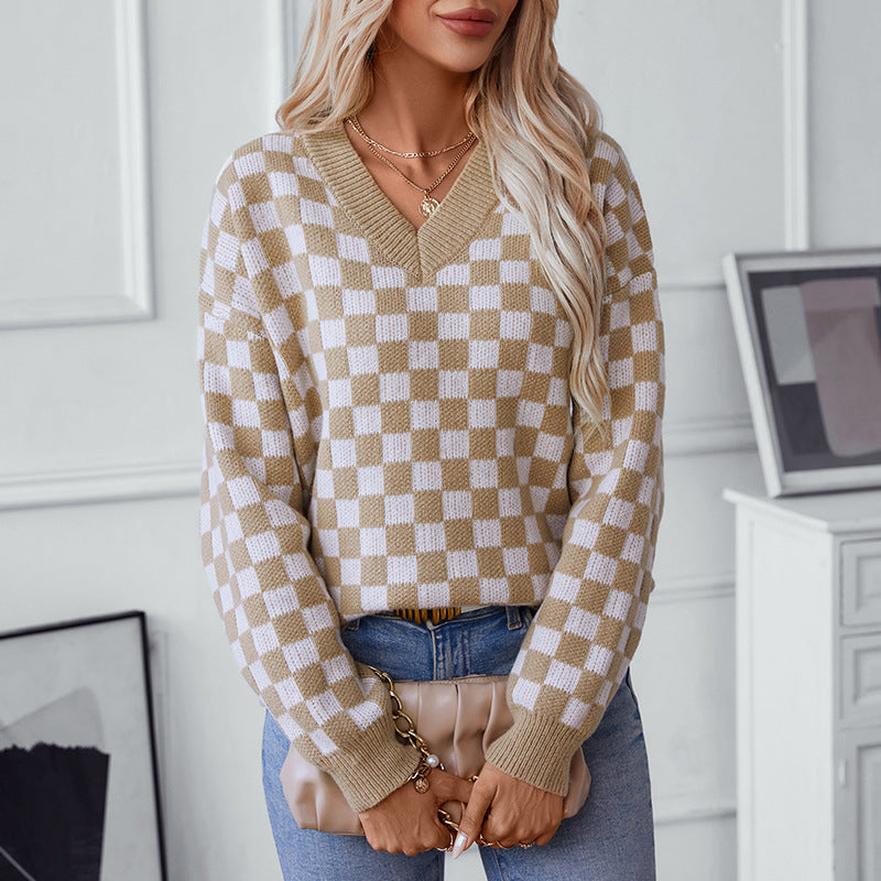 Damen lässiger V-Ausschnitt Pullover mit Karo-Muster und lockerer Passform Sovae