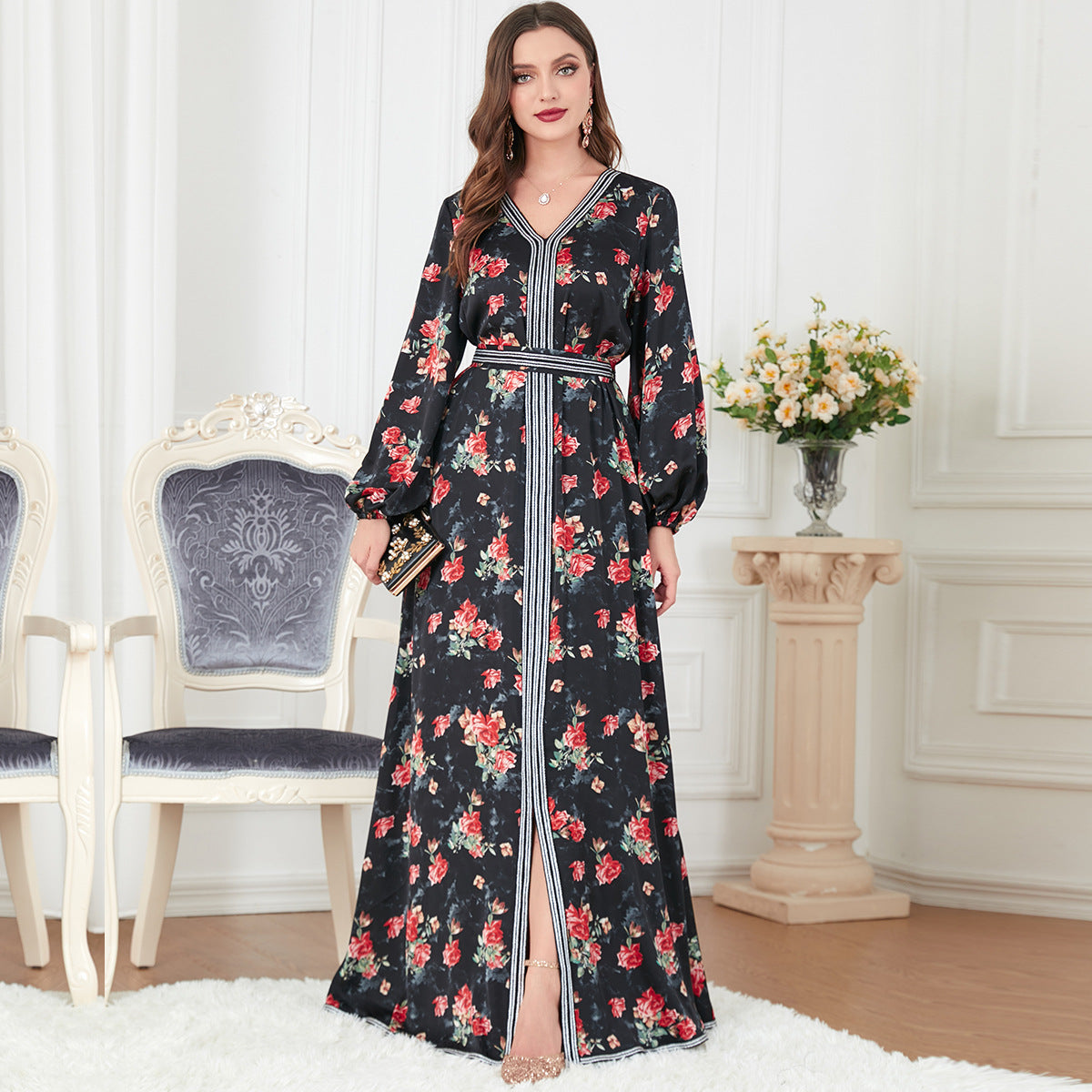 Damen Elegantes Maxikleid mit floraler Print und V-Ausschnitt Sovae