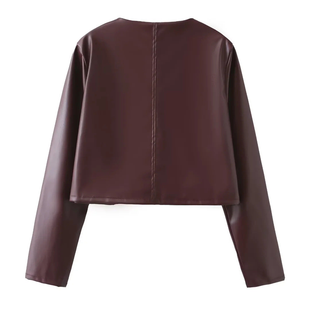 Damen Kunstleder Jacke mit Knopfdetails und eleganten Taschen Sovae