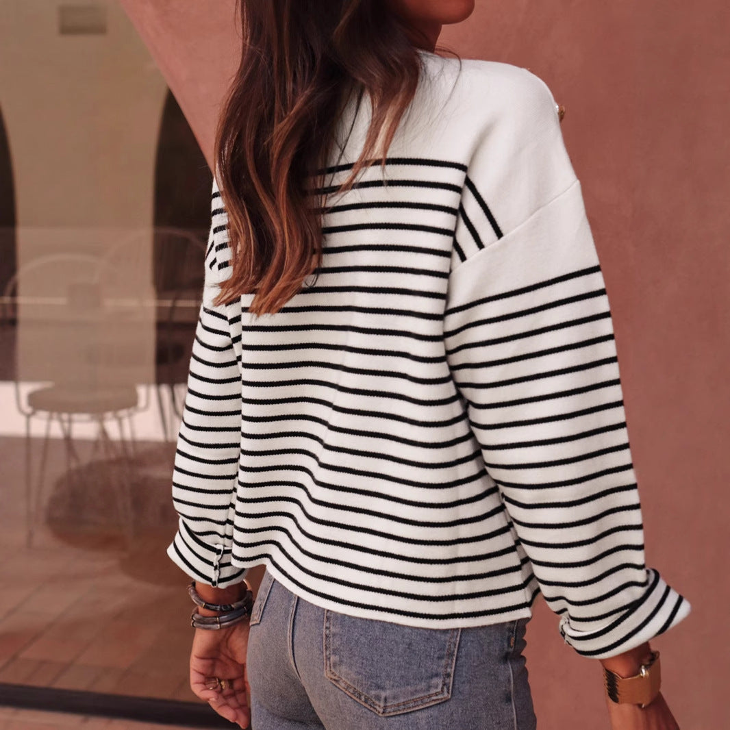 Damen modischer Sweater mit breiten Streifen und eleganten Knopfdetails Sovae