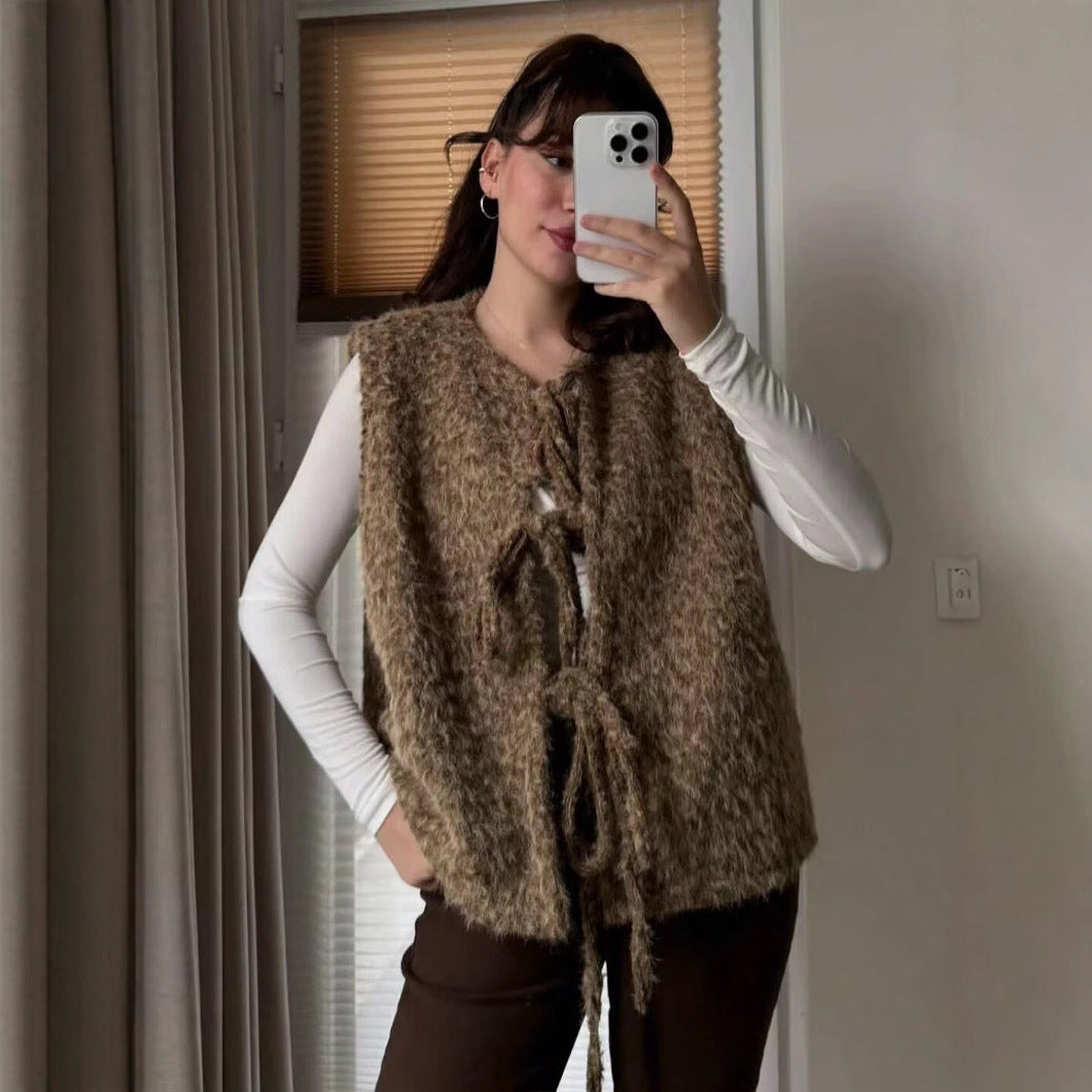 Damen elegante Strickweste mit dekorativen Schleifen Sovae