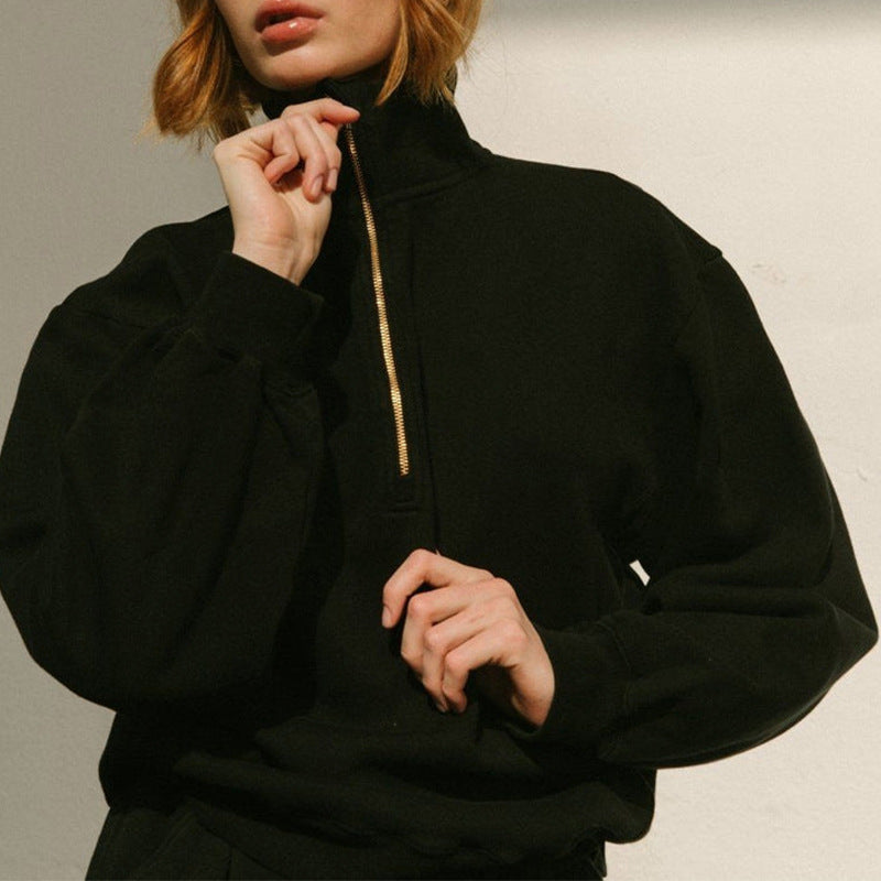 Damen lässiger Zip-Pullover mit hohem Kragen und weitem Schnitt Sovae