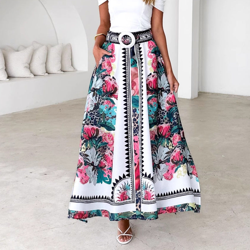 Damen Maxi-Rock mit floralem Muster und Taillengürtel Sovae