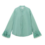 Damen Bluse mit eleganten Trompetenärmeln und luxuriösen Fransen Sovae