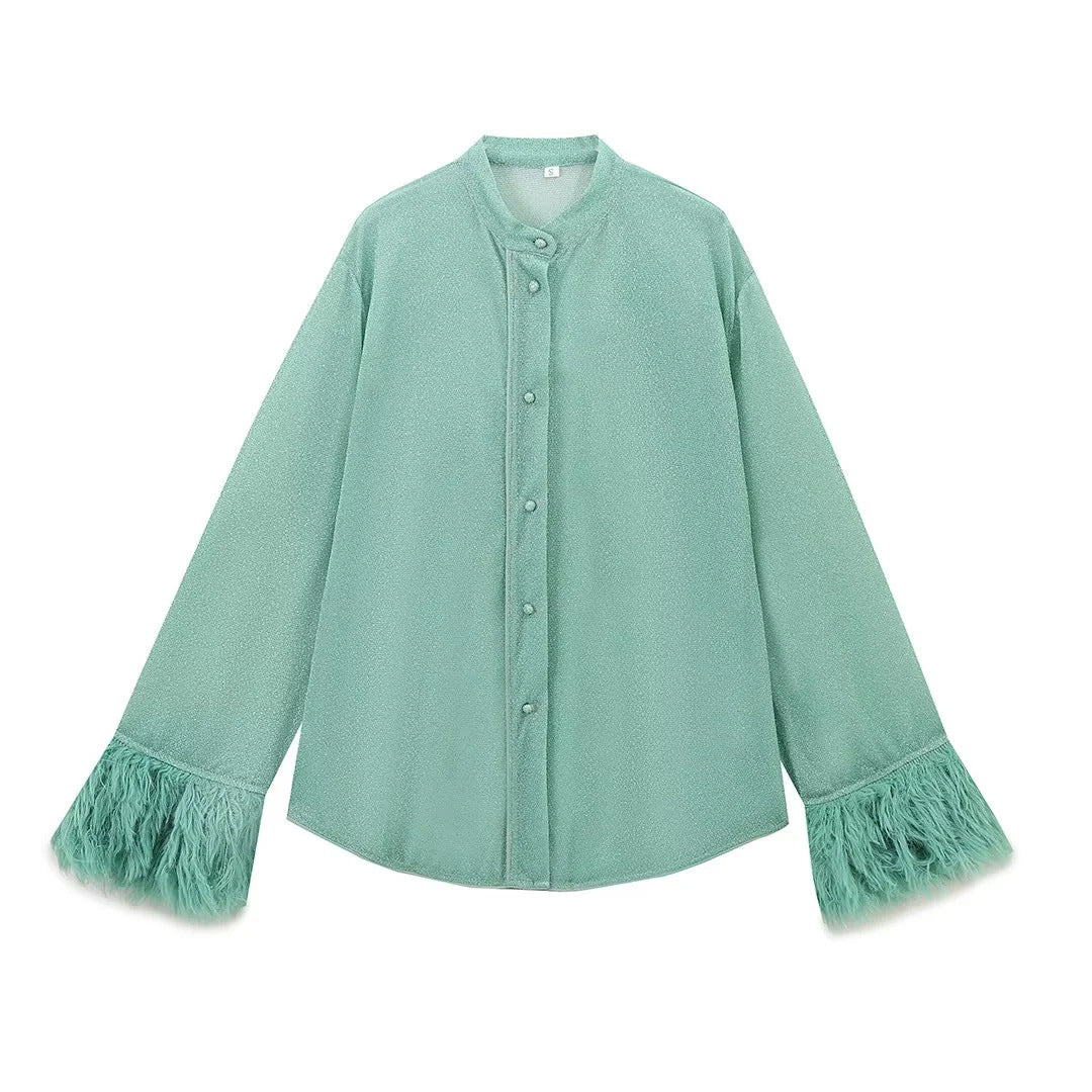 Damen Bluse mit eleganten Trompetenärmeln und luxuriösen Fransen Sovae