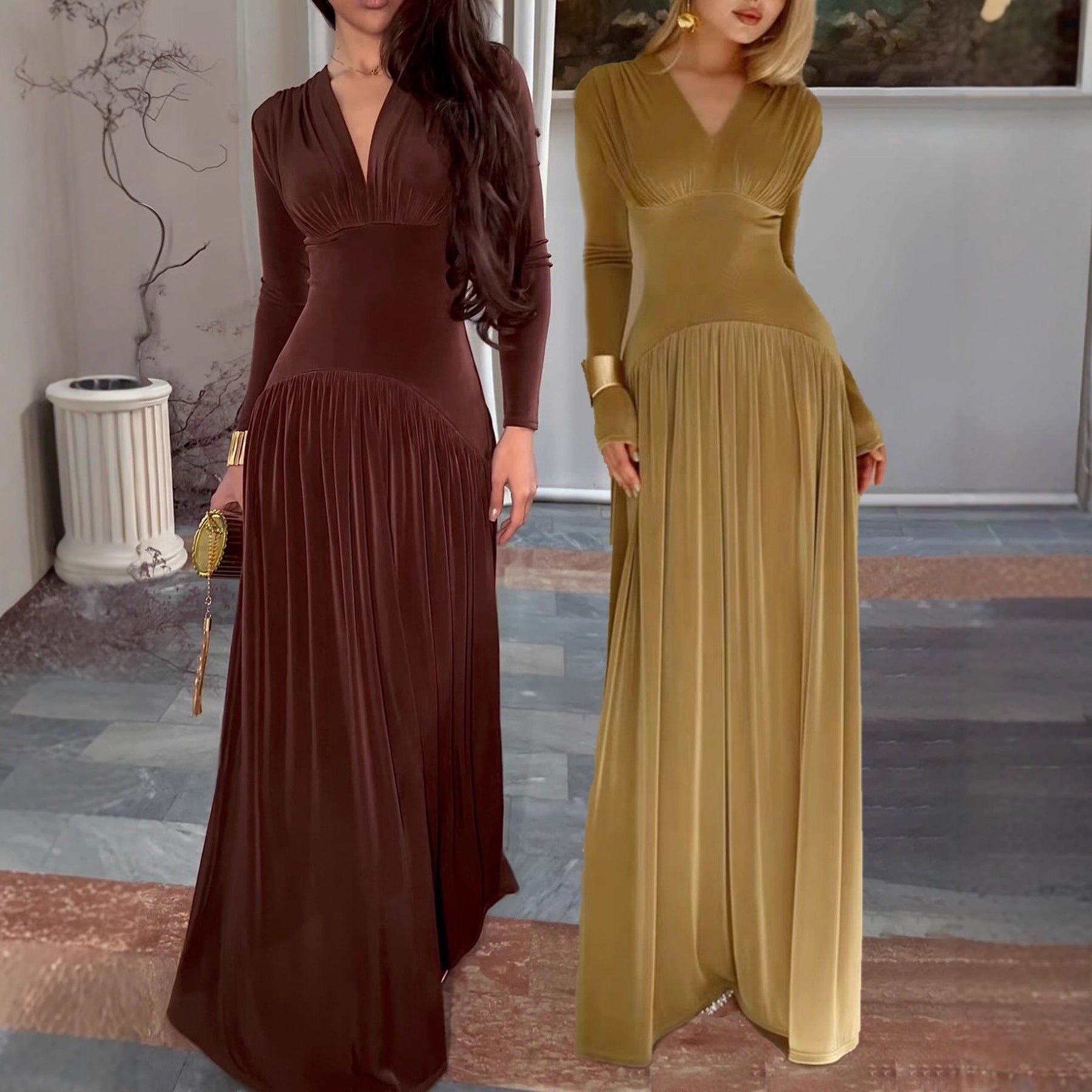 Damen Elegantes Maxikleid mit Falten und V-Ausschnitt Sovae