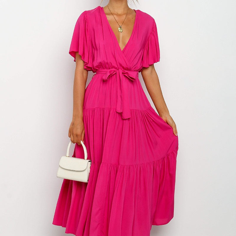 Damen Fließendes Maxi-Kleid mit Wickelbindung und Schmetterlingsärmeln Sovae