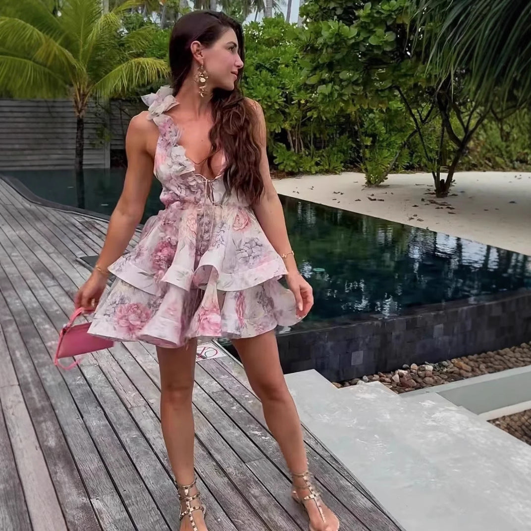 Damen Sommerliches Wickelkleid mit floralem Design und voluminösen Rüschen Sovae