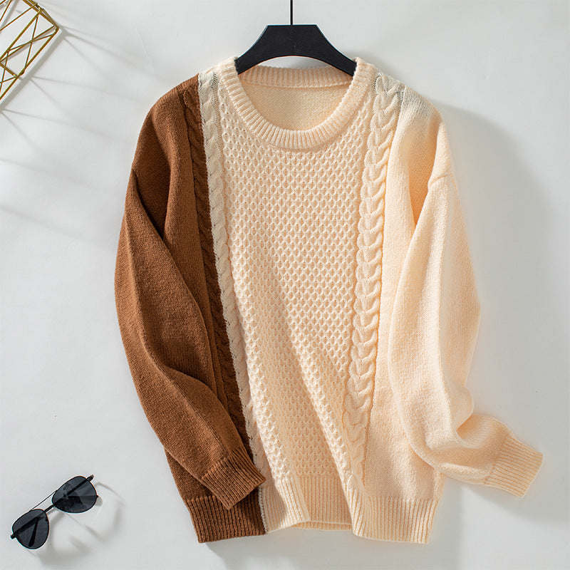 Damen modischer Pullover mit strukturiertem Zopfmuster und innovativem Farbblockdesign Sovae