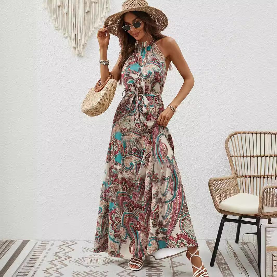 Damen Maxikleid mit floralem Muster und Taillengürtel Sovae