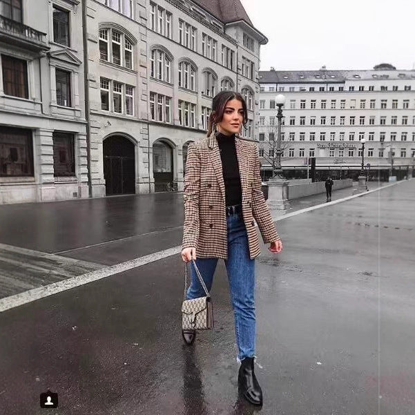 Damen doppelt geschnittene Blazerjacke mit Karomuster und eleganten Knopfdetails Sovae