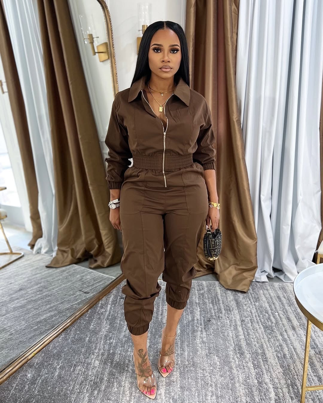 Damen Sportlicher Jumpsuit mit Reißverschluss und elastischem Bund Sovae