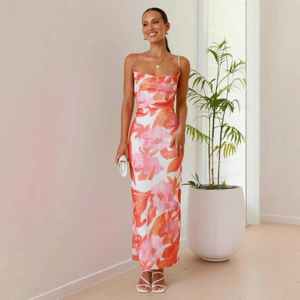 Damen figurbetontes Maxikleid mit floralem Design und Spaghettiträgern Sovae