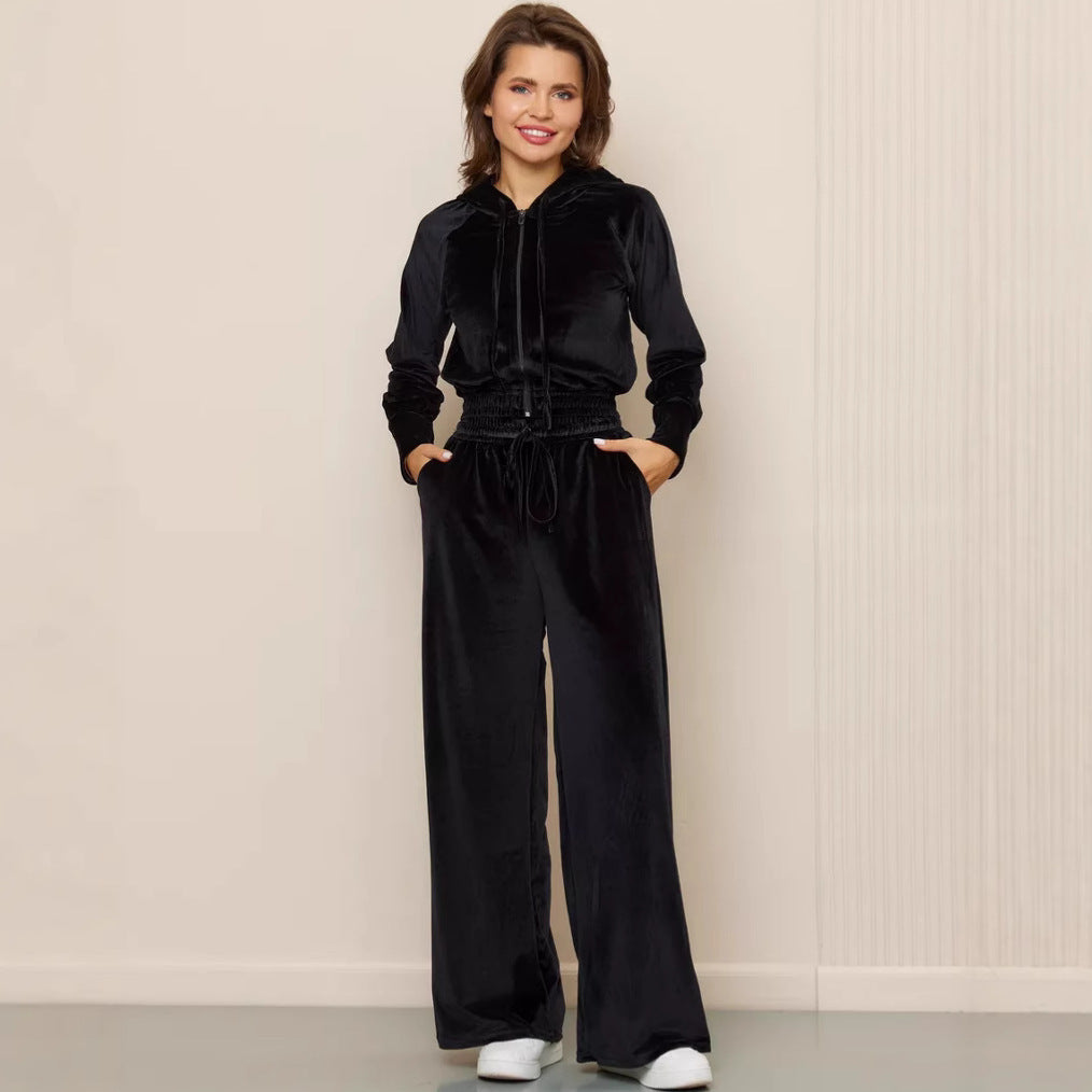 Damen Velours Freizeitanzug mit Kapuze Sovae