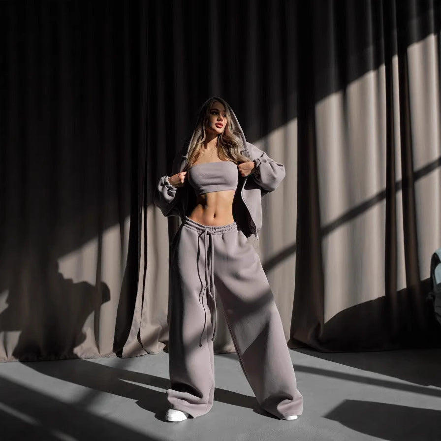 Damen modischer cropped Kapuzenpullover und entspannte Hose Set Sovae