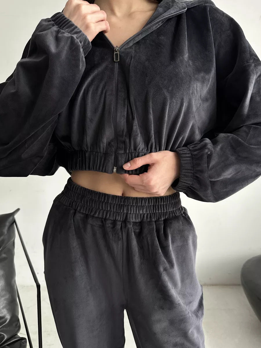 Damen sportlich-eleganter Fleece-Trainingsanzug mit hoher Taille und Reißverschluss Sovae