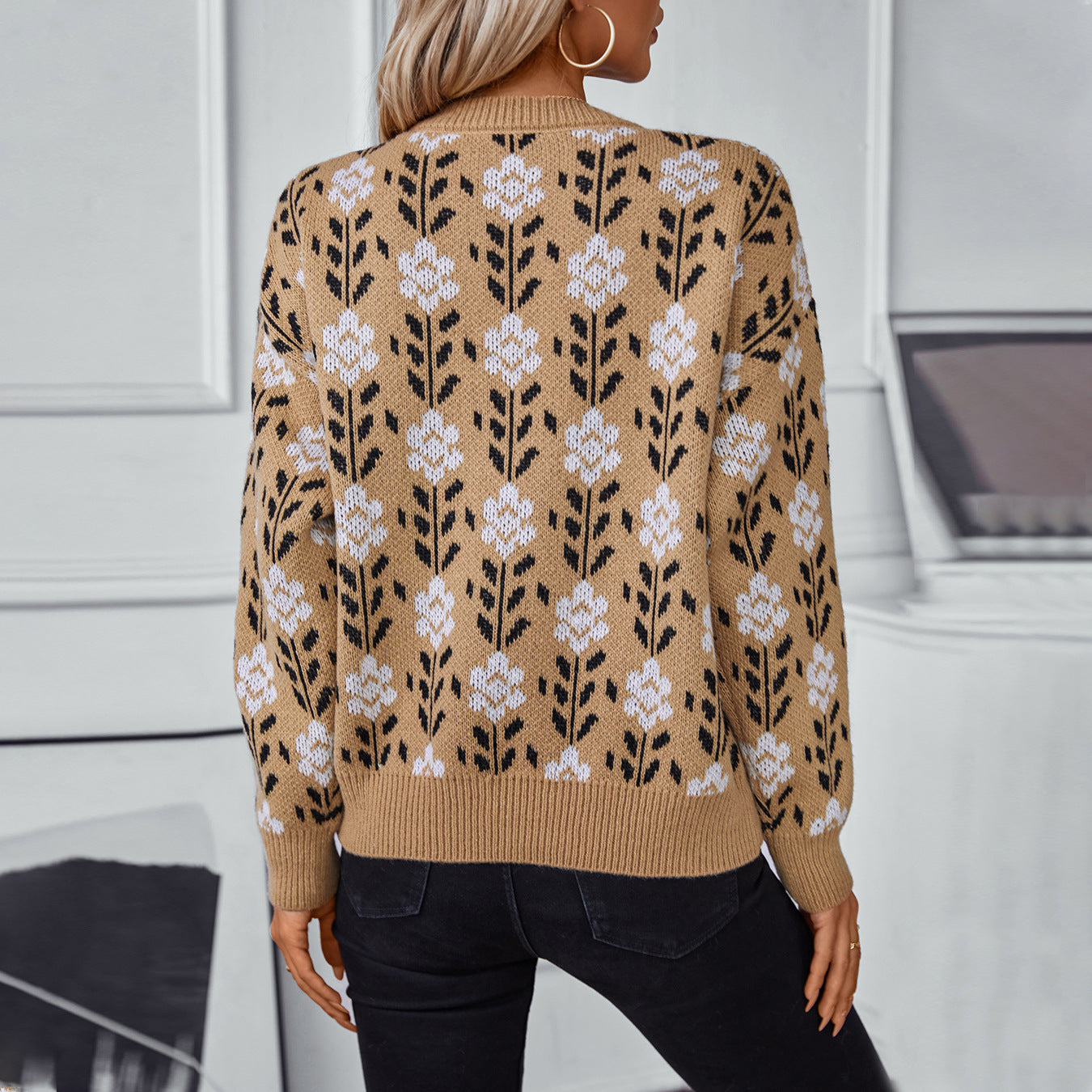 Damen lässiger Pullover mit floralem Muster und Rundhalsausschnitt Sovae