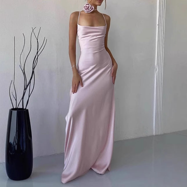 Damen Elegantes Bodenkotan Maxi-Kleid mit schmalen Spaghetti-Trägern und tiefem Ausschnitt Sovae
