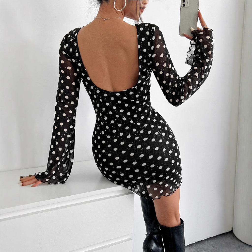 Damen Polka-Dots Minikleid mit langen Ärmeln Sovae