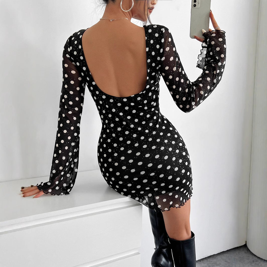 Damen Polka-Dots Minikleid mit langen Ärmeln Sovae